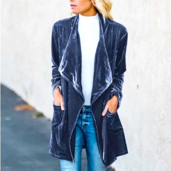 Jackets & Blazers - BLUE VELVET LAPEL OPEN FRONT JACKET